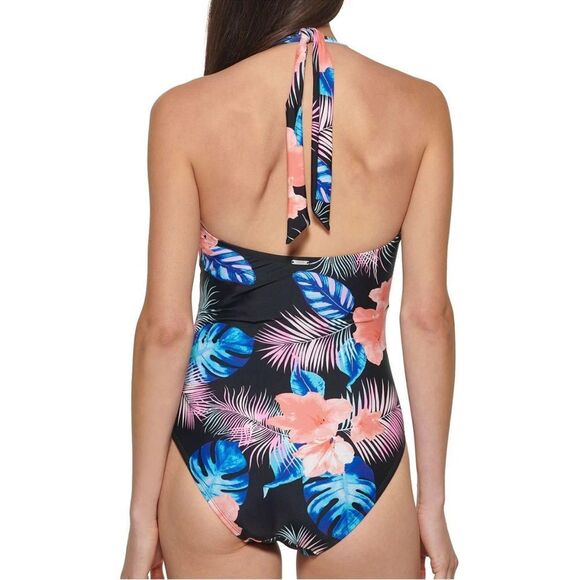 DKNY Halter Tropical Swimsuit Black Coral Large - Picture 3 of 13